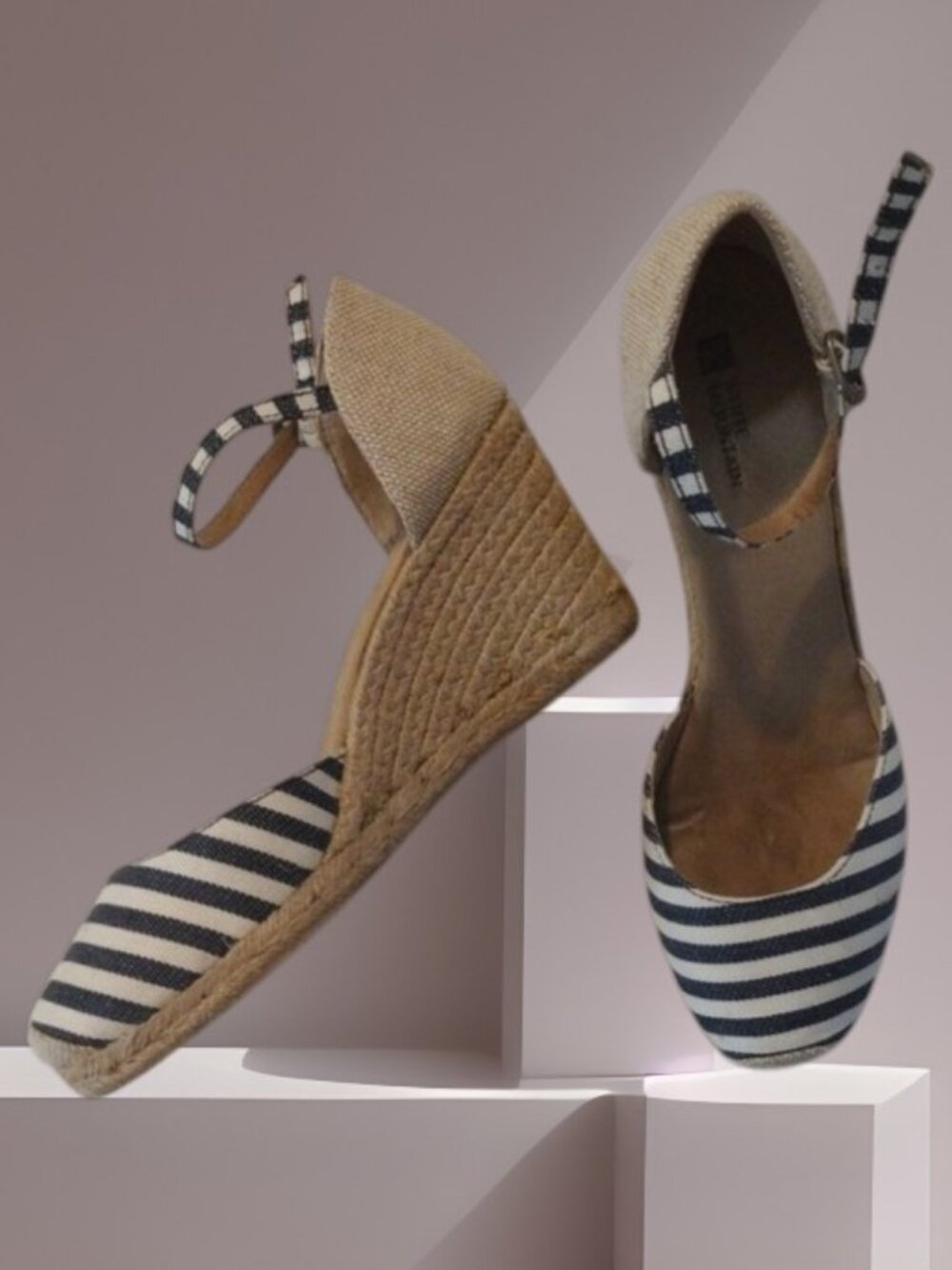 White Mountain Denim Navy and Beige Striped Espadrille Wedge Sandals Size 10